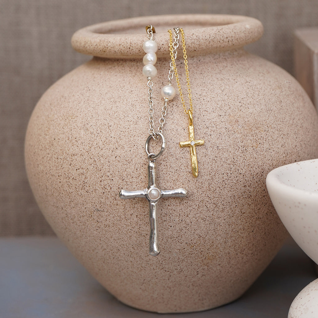 Poetic Cross with Pearl Pendant - Sterling Silver - Waxing Poetic